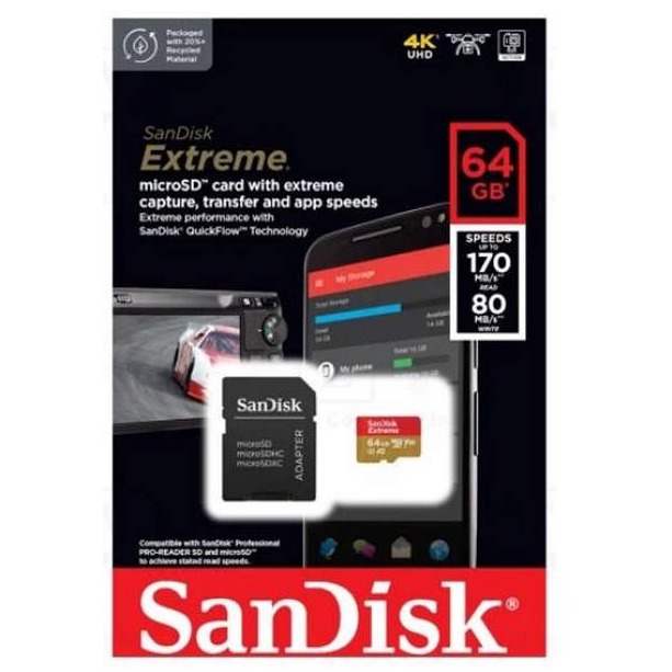 MICRO SD CARD SANDISK 64GB Extreme 170MB/s Read 80MB/s Write + Adapter