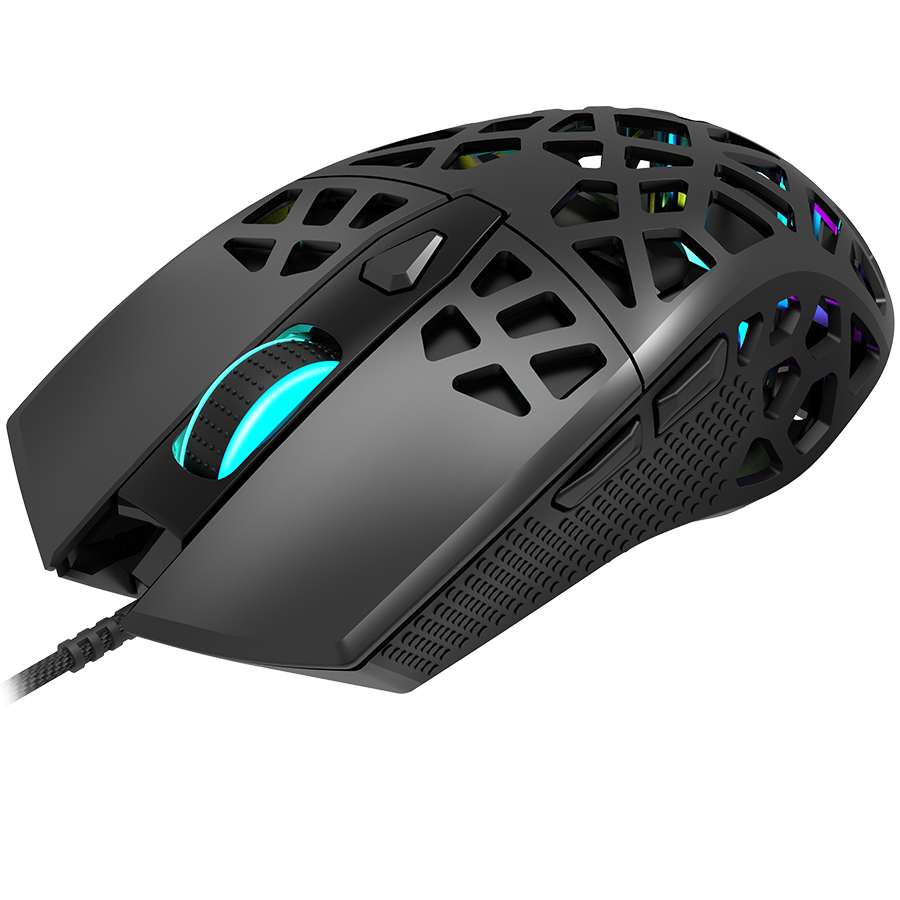 Puncher GM-20 High-end Gaming Mouse with 7 programmable buttons, Pixart 3360 optical sensor, 6 levels of DPI and up to 12000, 10 million times key life, 1.65m Ultraweave cable, Low friction with PTFE feet and colorful RGB lights, Black, size:126x67.5x39.5