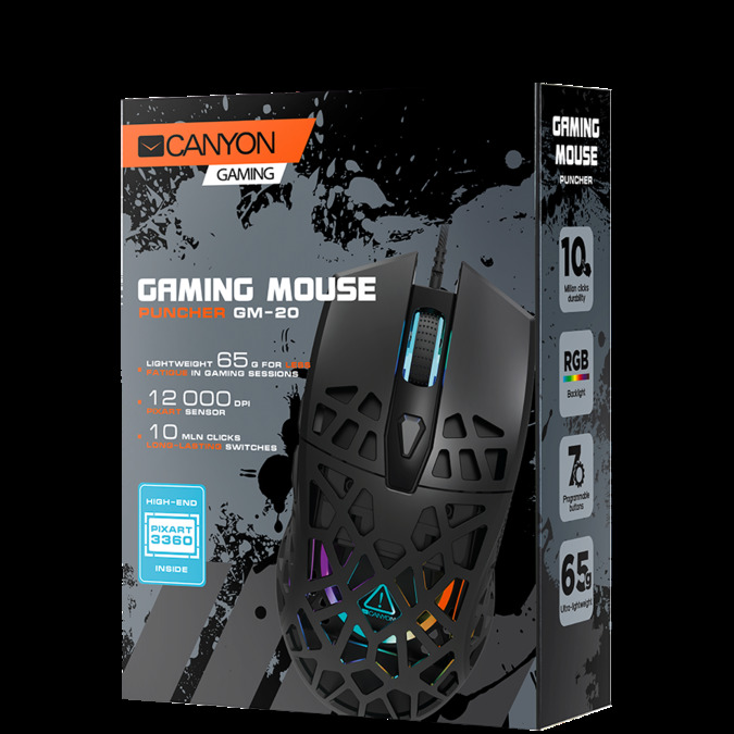 Puncher GM-20 High-end Gaming Mouse with 7 programmable buttons, Pixart 3360 optical sensor, 6 levels of DPI and up to 12000, 10 million times key life, 1.65m Ultraweave cable, Low friction with PTFE feet and colorful RGB lights, Black, size:126x67.5x39.5