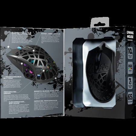 Puncher GM-20 High-end Gaming Mouse with 7 programmable buttons, Pixart 3360 optical sensor, 6 levels of DPI and up to 12000, 10 million times key life, 1.65m Ultraweave cable, Low friction with PTFE feet and colorful RGB lights, Black, size:126x67.5x39.5
