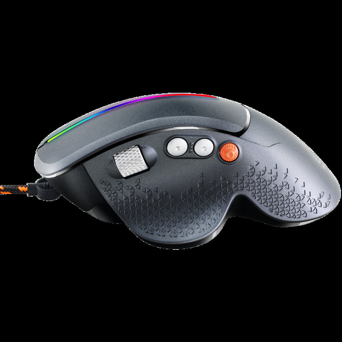 Wired High-end Gaming Mouse with 6 programmable buttons, sunplus optical sensor, 6 levels of DPI and up to 6400, 2 million times key life, 1.65m Braided USB cable,Matt UV coating surface and RGB lights with 7 LED flowing mode, size:123*81*53mm, 150g