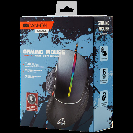 Wired High-end Gaming Mouse with 6 programmable buttons, sunplus optical sensor, 6 levels of DPI and up to 6400, 2 million times key life, 1.65m Braided USB cable,Matt UV coating surface and RGB lights with 7 LED flowing mode, size:123*81*53mm, 150g