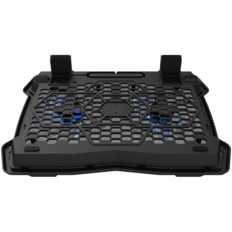 Cooling stand dual-fan with 2x2.0 USB hub, support up to 10”-15.6” laptop, ABS plastic and iron,  Fans dimension:125*125*15mm(2pcs), DC 5V, fan speed:  800-1000RPM, size:340*265*30mm, 435g