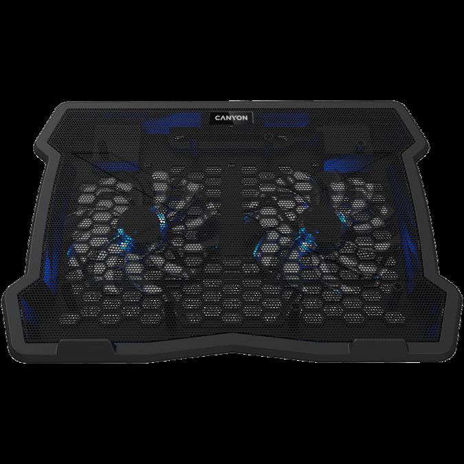 Cooling stand dual-fan with 2x2.0 USB hub, support up to 10”-15.6” laptop, ABS plastic and iron,  Fans dimension:125*125*15mm(2pcs), DC 5V, fan speed:  800-1000RPM, size:340*265*30mm, 435g