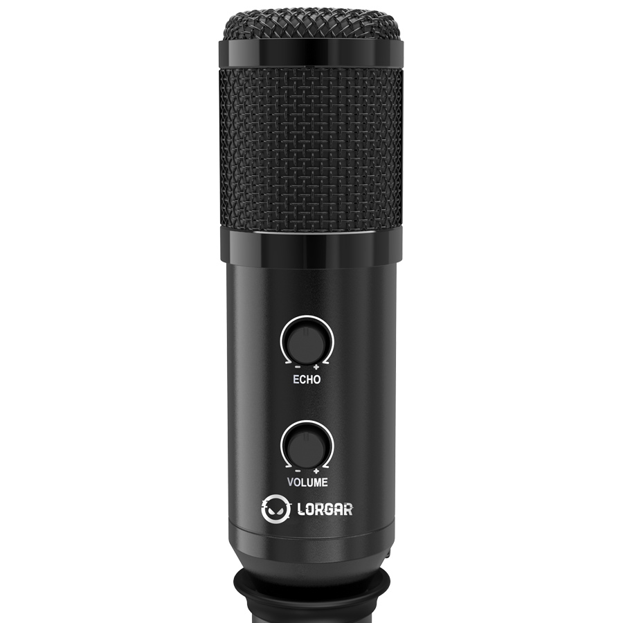 LORGAR Gaming Microphones, Whole balck color, USB condenser microphone with Volumn Knob & Echo Kob, including 1x Microphone, 1 x 2.5M USB Cable, 1 x Tripod Stand, 1 x User Manual, body size: Φ47.4*158.2*48.1mm, weight: 243.0g