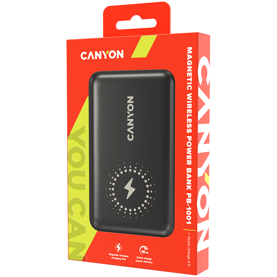 CANYON PB-1001 18W PD+QC 3.0+10W Magnet wireless charger powerbank 10000mAh Li-poly battery, Lightning Input:DC5V/2A, 9V/2A Type c PD Input: DC5V/3A, 9V/2A, Type C PD output:5V/3A,9V/2.2A,12V/1.5A QC 3.0 Output: DC5V/3A, 9V/2A, 12V/1.5A, Wireless