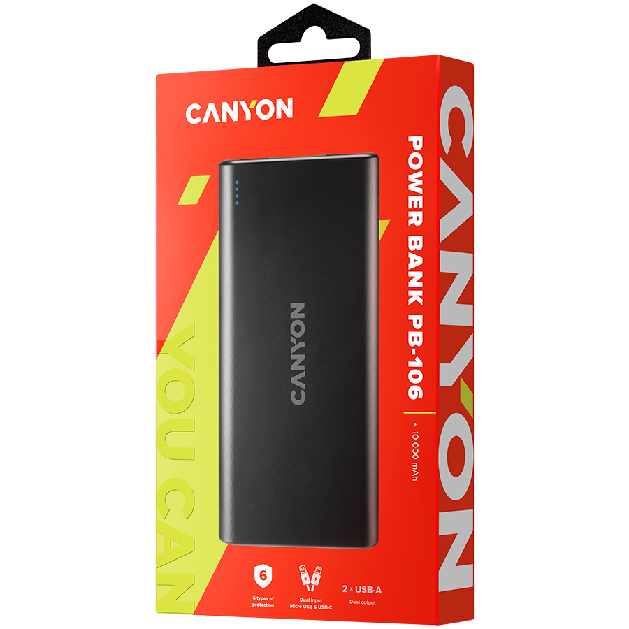 CANYON PB-106 Power bank 10000mAh Li-poly battery, Input 5V/2A, Output 5V/2.1A(Max), USB cable length 0.3m, 140*68*16mm, 0.24Kg, Black