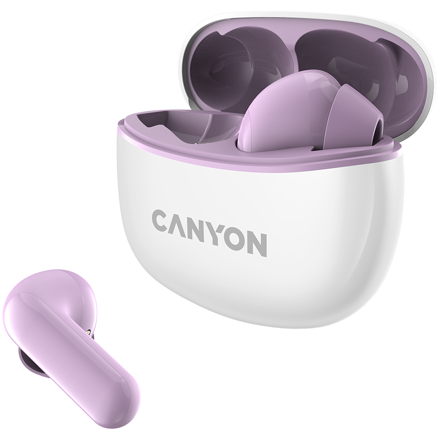 Canyon TWS-5 Bluetooth headset, with microphone, BT V5.3 JL 6983D4, Frequence Response:20Hz-20kHz, battery EarBud 40mAh*2+Charging Case 500mAh, type-C cable length 0.24m, size: 58.5*52.91*25.5mm, 0.036kg, Purple