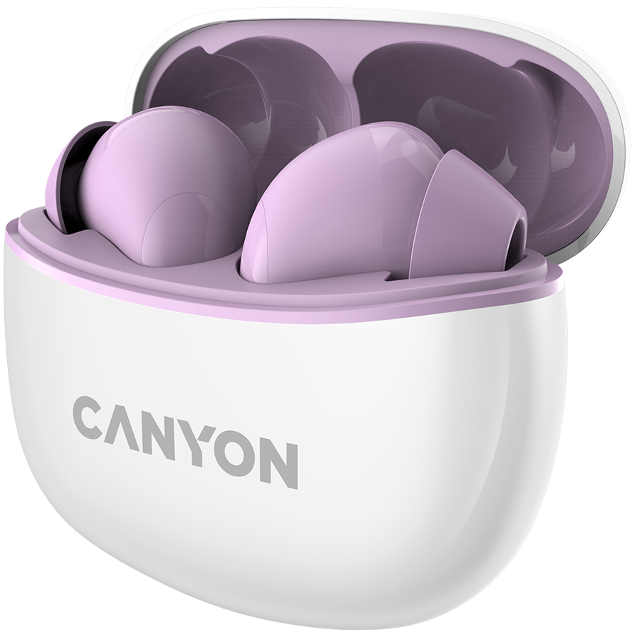 Canyon TWS-5 Bluetooth headset, with microphone, BT V5.3 JL 6983D4, Frequence Response:20Hz-20kHz, battery EarBud 40mAh*2+Charging Case 500mAh, type-C cable length 0.24m, size: 58.5*52.91*25.5mm, 0.036kg, Purple