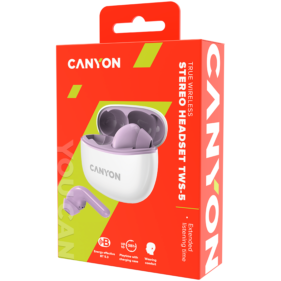 Canyon TWS-5 Bluetooth headset, with microphone, BT V5.3 JL 6983D4, Frequence Response:20Hz-20kHz, battery EarBud 40mAh*2+Charging Case 500mAh, type-C cable length 0.24m, size: 58.5*52.91*25.5mm, 0.036kg, Purple