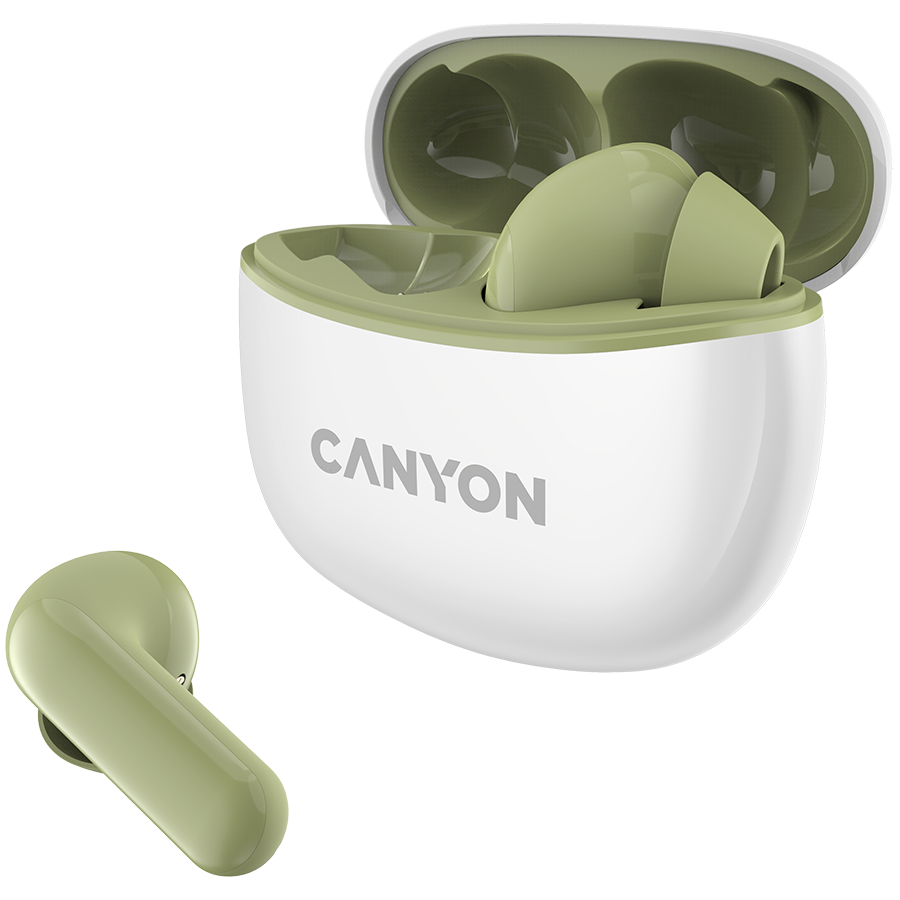 Canyon TWS-5 Bluetooth headset, with microphone, BT V5.3 JL 6983D4, Frequence Response:20Hz-20kHz, battery EarBud 40mAh*2+Charging Case 500mAh, type-C cable length 0.24m, Size: 58.5*52.91*25.5mm, 0.036kg, Green