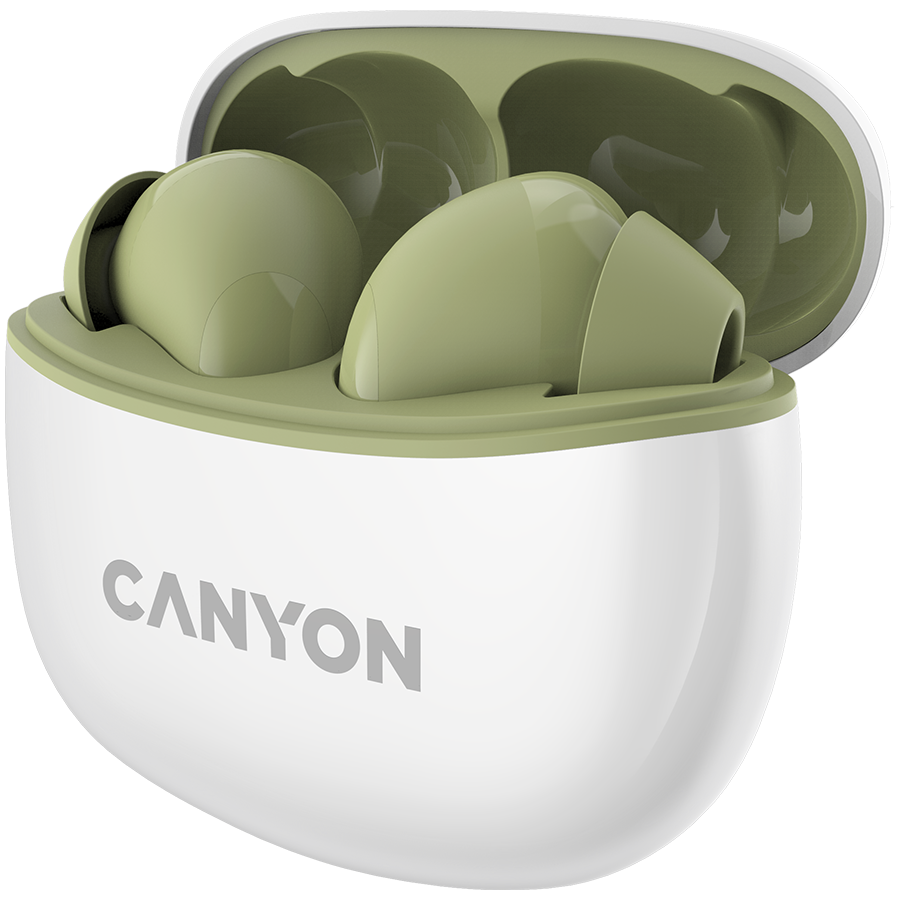 Canyon TWS-5 Bluetooth headset, with microphone, BT V5.3 JL 6983D4, Frequence Response:20Hz-20kHz, battery EarBud 40mAh*2+Charging Case 500mAh, type-C cable length 0.24m, Size: 58.5*52.91*25.5mm, 0.036kg, Green