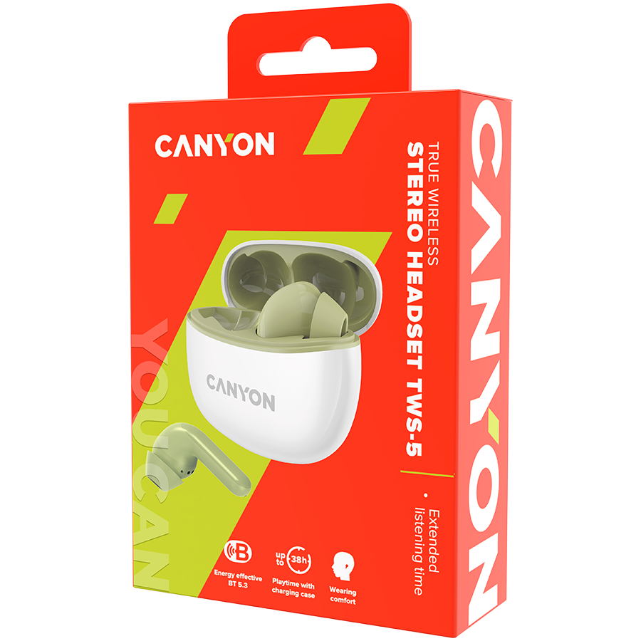 Canyon TWS-5 Bluetooth headset, with microphone, BT V5.3 JL 6983D4, Frequence Response:20Hz-20kHz, battery EarBud 40mAh*2+Charging Case 500mAh, type-C cable length 0.24m, Size: 58.5*52.91*25.5mm, 0.036kg, Green