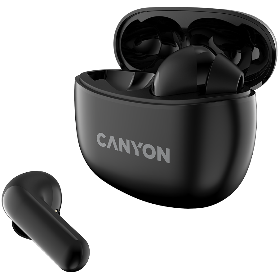 Canyon TWS-5 Bluetooth headset, with microphone, BT V5.3 JL 6983D4, Frequence Response:20Hz-20kHz, battery EarBud 40mAh*2+Charging Case 500mAh, type-C cable length 0.24m, size: 58.5*52.91*25.5mm, 0.036kg, Black