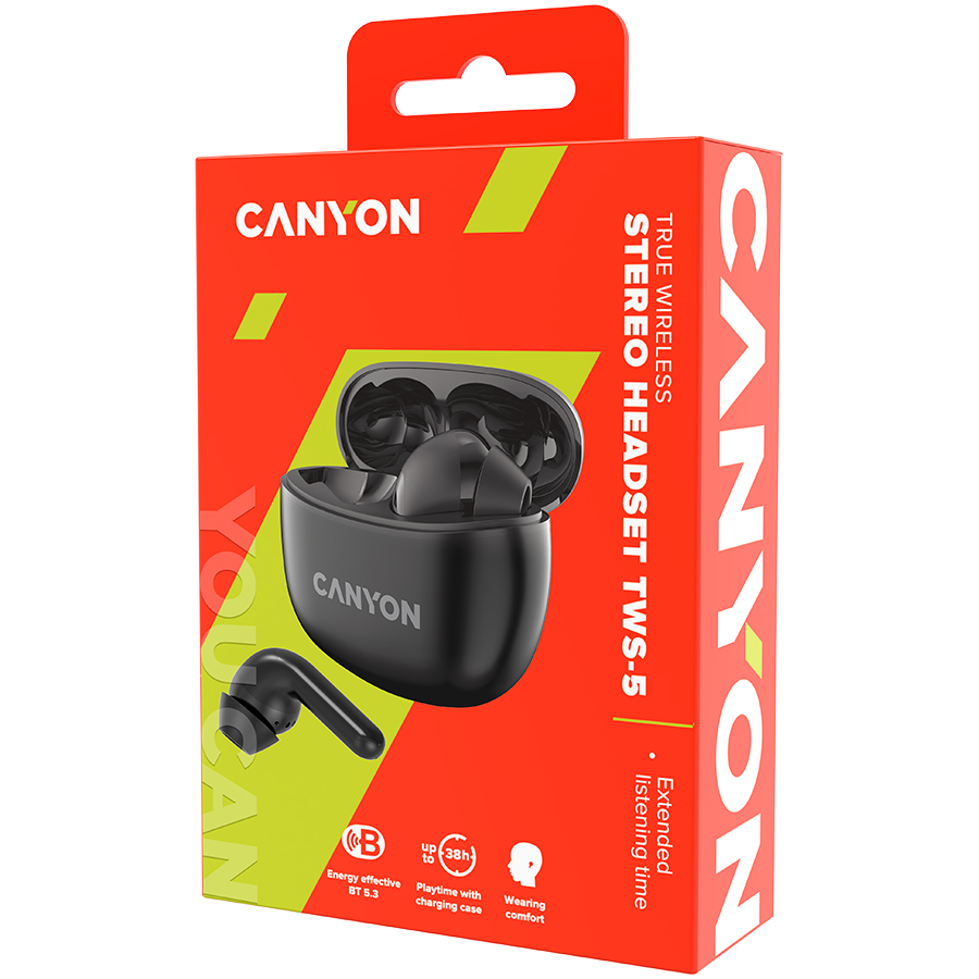 Canyon TWS-5 Bluetooth headset, with microphone, BT V5.3 JL 6983D4, Frequence Response:20Hz-20kHz, battery EarBud 40mAh*2+Charging Case 500mAh, type-C cable length 0.24m, size: 58.5*52.91*25.5mm, 0.036kg, Black