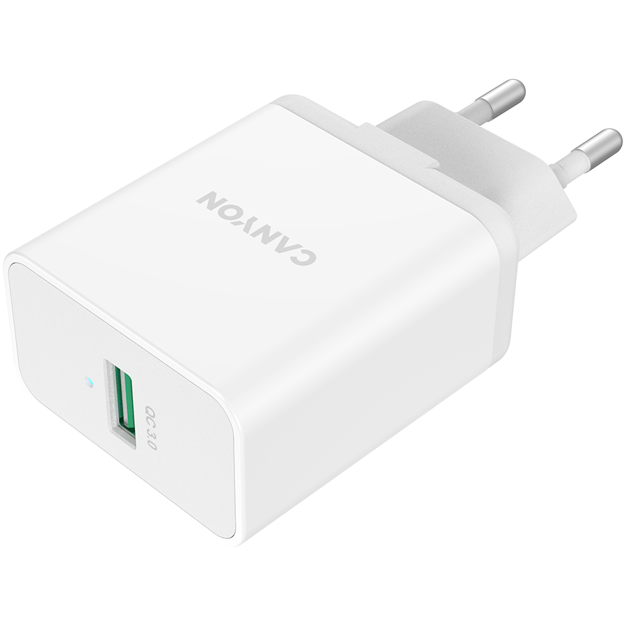 Canyon, QC3.0 36W WALL Charger with 1-USB A   Input: 100V-240V, Output:  USB-A:QC3.0 36W (5V3A/9V3.0A/12V3.0A),  Eu plug  , Over- Voltage ,  over-heated, over-current and short circuit protection Compliant with CE RoHs,ERP.Size:90*46*27.5mm, 71g, Whi