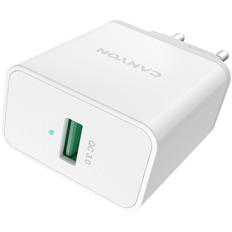 Canyon, QC3.0 36W WALL Charger with 1-USB A   Input: 100V-240V, Output:  USB-A:QC3.0 36W (5V3A/9V3.0A/12V3.0A),  Eu plug  , Over- Voltage ,  over-heated, over-current and short circuit protection Compliant with CE RoHs,ERP.Size:90*46*27.5mm, 71g, Whi