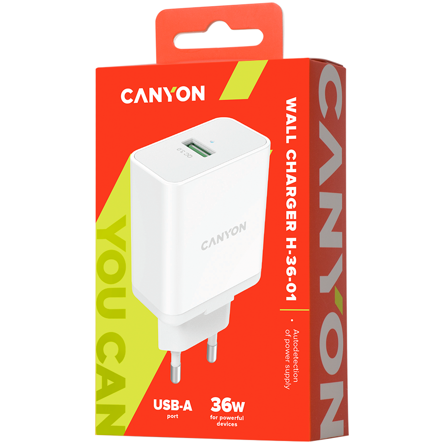 Canyon, QC3.0 36W WALL Charger with 1-USB A   Input: 100V-240V, Output:  USB-A:QC3.0 36W (5V3A/9V3.0A/12V3.0A),  Eu plug  , Over- Voltage ,  over-heated, over-current and short circuit protection Compliant with CE RoHs,ERP.Size:90*46*27.5mm, 71g, Whi