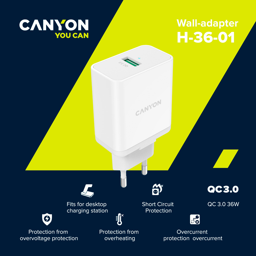 Canyon, QC3.0 36W WALL Charger with 1-USB A   Input: 100V-240V, Output:  USB-A:QC3.0 36W (5V3A/9V3.0A/12V3.0A),  Eu plug  , Over- Voltage ,  over-heated, over-current and short circuit protection Compliant with CE RoHs,ERP.Size:90*46*27.5mm, 71g, Whi