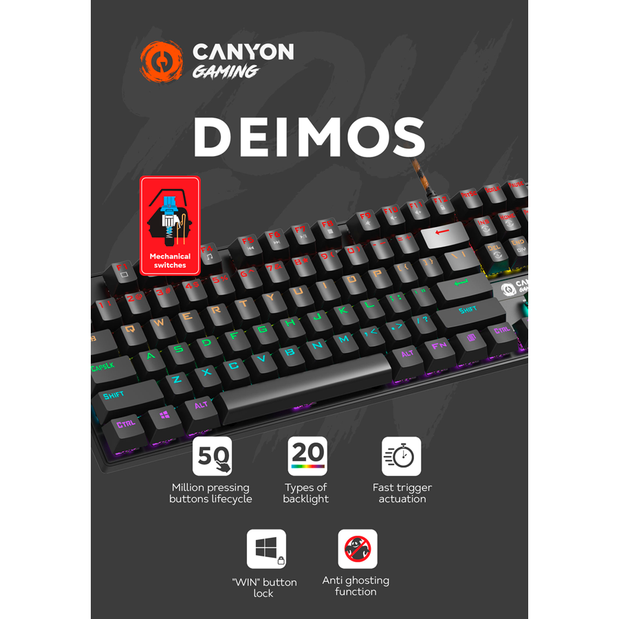 Wired black Mechanical keyboard With colorful lighting system104PCS rainbow backlight LED,also can custmized backlight,1.8M braided cable length,rubber feet,English layout double injection,Numbers 104 keys,keycaps,0.7kg, Size 429*124*35mm