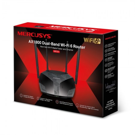 Mercusys MR70X AX1800 Dual-Band WiFi 6 Router, 574 Mbps at 2.4 GHz + 1201 Mbps at 5 GHz,  4× Fixed External Antennas, 3× Gigabit LAN Ports, 1× Gigabit WAN Port, 1024-QAM, OFDMA, Router/Access Point Mode, MU-MIMO, WPA3, TWT, BSS Color