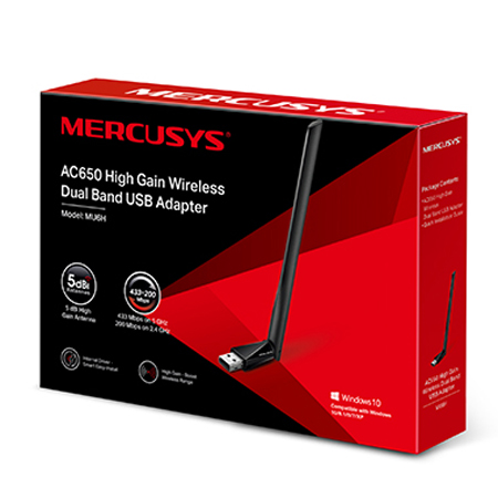 Mercusys MU6H AC650 High Gain Wireless Dual Band USB Adapter, 433Mbps at 5GHz + 200Mbps at 2.4GHz, USB 2.0, 1 x 5dBi High Gain Adjustable, Multi-Directional Antenna, WPA/WPA2, 802.1X