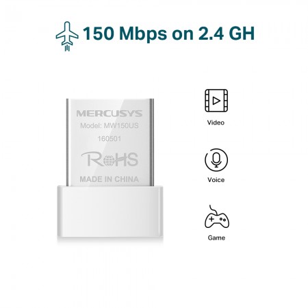 Mercusys MW150US N150 Wireless Nano USB Adapter, 150 Mbps on 2.4 GHz Nano Size, USB 2.0, WPA3, Internal antenna, Plug and Play