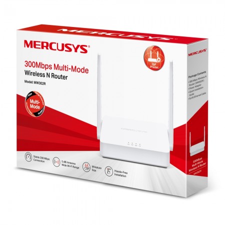 Mercusys 300Mbps Multi-Mode Wireless N Router, 2× Fixed External Antennas, 2× 10/100 Mbps LAN Ports, 1× 10/100 Mbps WAN Port, FEATURE: Access Point Mode, WPS/Reset Button, IPTV, IPv6, Beamforming, MU-MIMO, Parental Controls, Guest Network