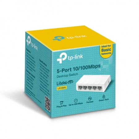 TP-Link LiteWave 5-Port 10/100Mbps Desktop Switch, 5 10/100Mbps RJ45 Ports, Desktop Plastic Case, Green Ethernet technology