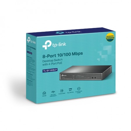 8-Port 10/100Mbps Unmanaged Switch with 4-Port PoE, metal case, desktop mount, PoE budget 41W.