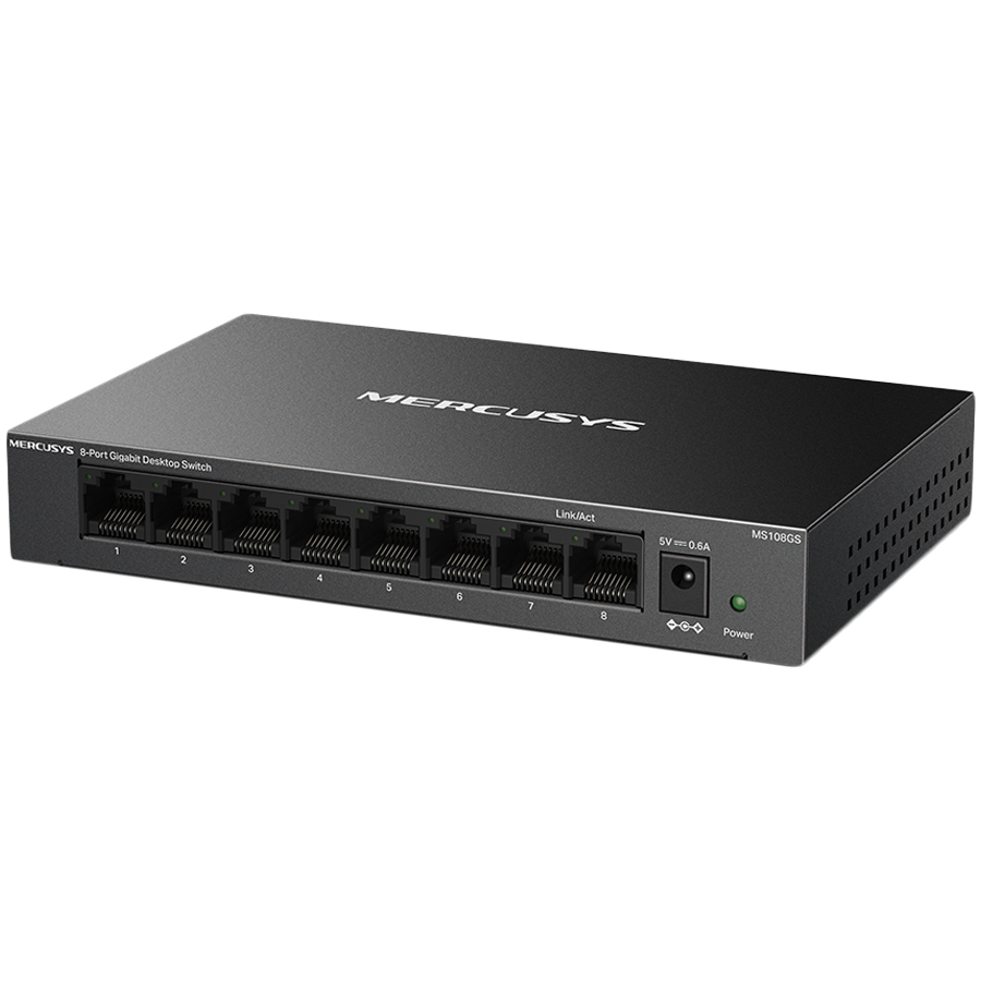 Mercusys MS108GS 8-Port Gigabit Desktop Switch, 8× Gigabit Ports, Desktop Steel Case, Wall Mounting, Plug and Play, Power Saving, Compact design, Green Ethernet technology, Silent