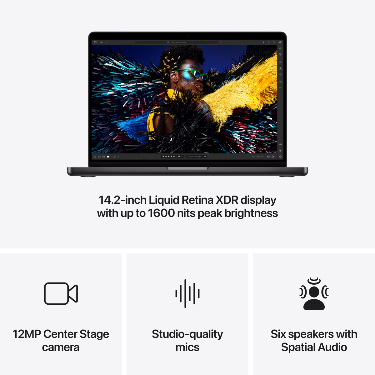 MacBook Pro 14-inch,Space Black,Model A3401,APPLE M4 PRO, 12C CPU, 16C GPU,24GB unified memory,70W USB-C Power Adapter,512GB SSD storage,3x TB5, HDMI, SDXC, MagSafe 3,Touch ID,XDR display,Standard display,Force Touch Trackpad, KEYBOARD Int English
