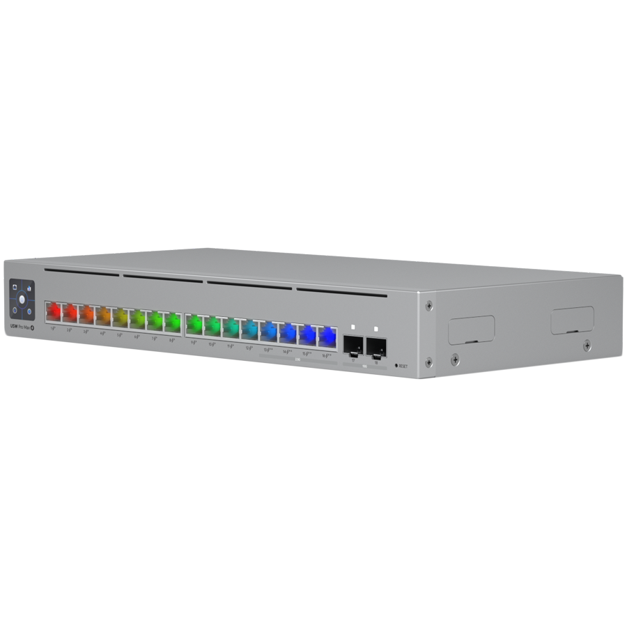 Ubiquiti 16-port, Layer 3 Etherlighting switch with 2.5 GbE, PoE++ output, and versatile mounting options, 4x 2.5 GbE PoE++ ports, 12x GbE PoE+ ports, 2x 10G SFP+ ports, 180W total PoE availability