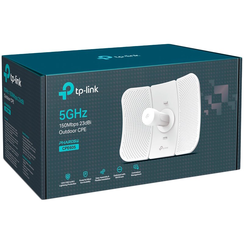 TP-Link CPE605 5 GHz 150 Mbps 23 dBi Outdoor CPE, 1× 10/100 Mbps Shielded Ethernet Port, 150 Mbps at 5 GHz, 23 dBi, 30+ km, IP65 Weatherproof, Passive PoE, MAXtream TDMA, Centralized Management, Spectrum Analyzer, AP/Client/AP Router/AP Client Router/Repe