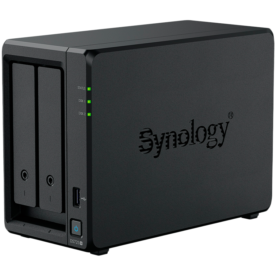 Synology DS725+, Tower, 2-Bays 3.5'' SATA HDD/SSD, 2 x M.2 2280 NVMe SSD, CPU AMD Ryzen R1600 dual-core (4-thread), max. boost up to 3.1 GHz, 4 GB DDR4 ECC SODIMM, 1 x 2.5 GbE, 1 x 1GbE, 1 x USB 3.2, 1 x eSATA USB-C, 1.51 kg, 3y