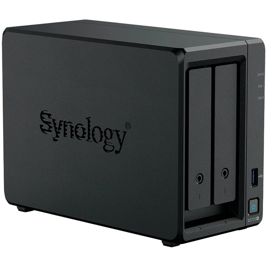 Synology DS725+, Tower, 2-Bays 3.5'' SATA HDD/SSD, 2 x M.2 2280 NVMe SSD, CPU AMD Ryzen R1600 dual-core (4-thread), max. boost up to 3.1 GHz, 4 GB DDR4 ECC SODIMM, 1 x 2.5 GbE, 1 x 1GbE, 1 x USB 3.2, 1 x eSATA USB-C, 1.51 kg, 3y
