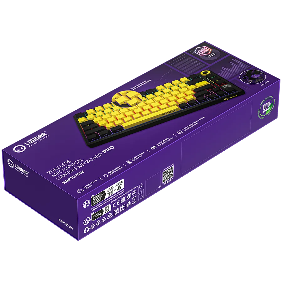 LORGAR KBP7075W, Wireless 75% Mechanical Gaming Keyboard Pro, Black/yellow, EN layout