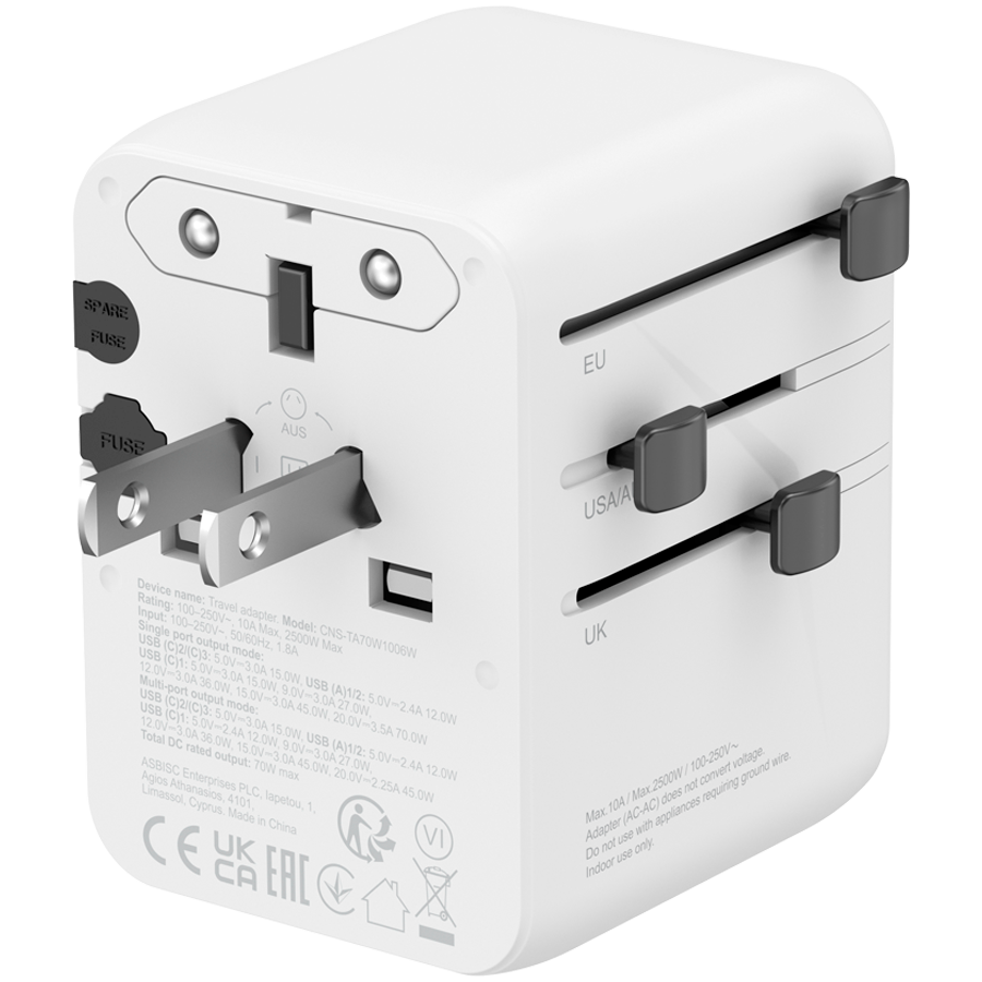 CANYON Travel Adapter OnTour 70 EU/UK/US/AUS 70W White
