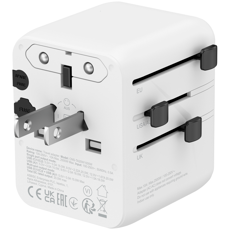 CANYON Travel Adapter OnTour 20 EU/UK/US/AUS 20W  White