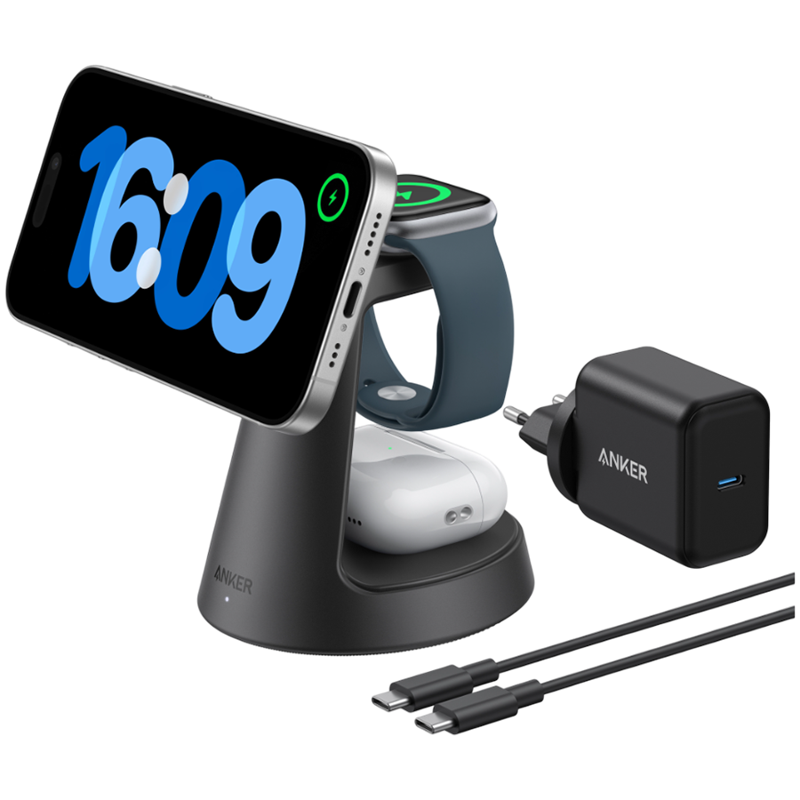 Anker MagGo Wireless Charging Station (3-in-1, Dock Stand) cable and charger bundle Black