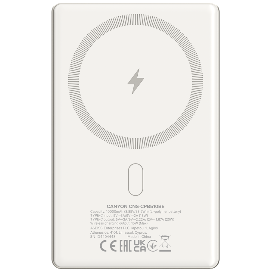 CANYON power bank OnPower 510 slim Magnetic 10000 mAh PD20W Bež