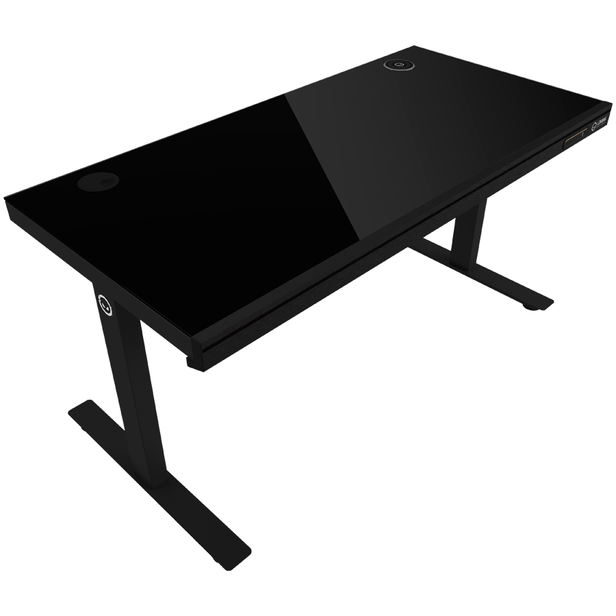 Dual-motor sit/stand adjustable-height gaming desk with wireless charger, RGB lighting, control panel, and USB ports, solid tempered glass tabletop, black.