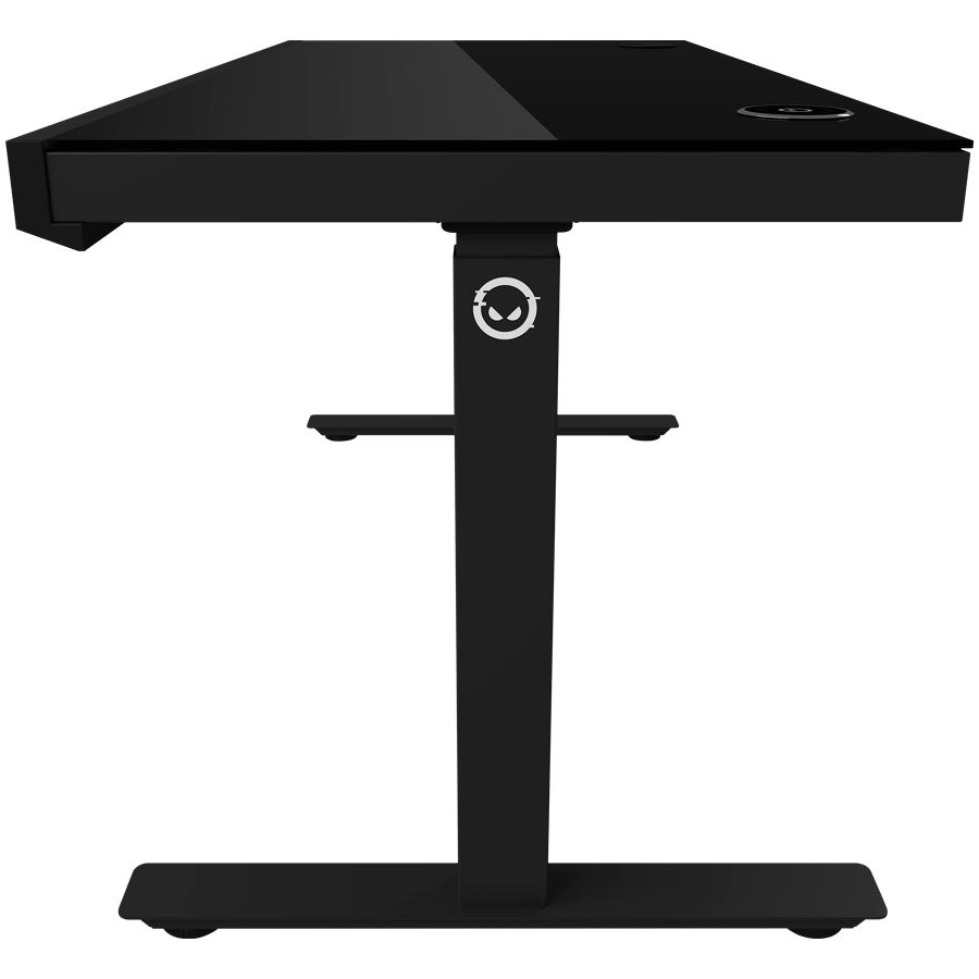 Dual-motor sit/stand adjustable-height gaming desk with wireless charger, RGB lighting, control panel, and USB ports, solid tempered glass tabletop, black.