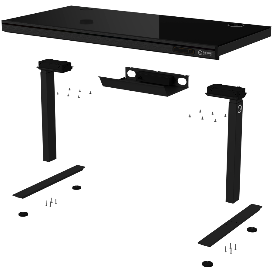Dual-motor sit/stand adjustable-height gaming desk with wireless charger, RGB lighting, control panel, and USB ports, solid tempered glass tabletop, black.