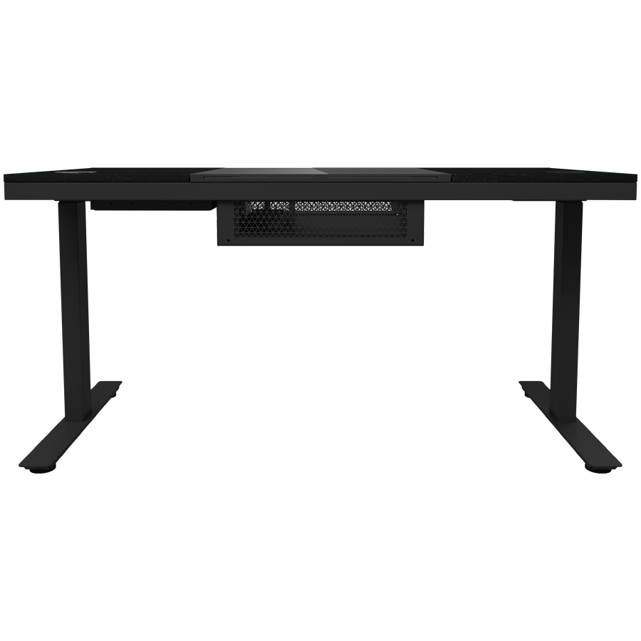 Dual-motor sit/stand adjustable-height gaming desk with built-in PC case, wireless charger, RGB lighting, control panel, and USB ports, tempered glass tabletop, black.
