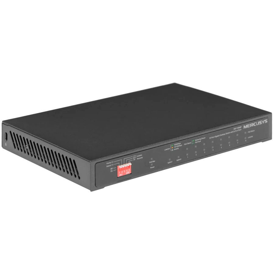 Mercusys MS112GMP 12-Port Gigabit Desktop Switch with 8-Port PoE+,  8x G PoE+ Ports, 2x G Non-PoE Ports, 2x G SFP Slots, 110 W PoE Power, Desktop Steel Case, Wall Mounting,  Extend Mode for 250m PoE Transmitting, Priority Port 1-2, Isolation Mode