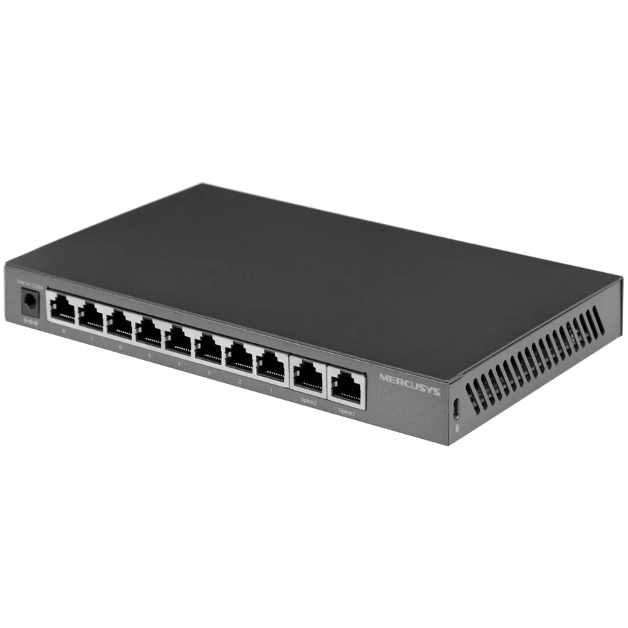 Mercusys MS112GMP 12-Port Gigabit Desktop Switch with 8-Port PoE+,  8x G PoE+ Ports, 2x G Non-PoE Ports, 2x G SFP Slots, 110 W PoE Power, Desktop Steel Case, Wall Mounting,  Extend Mode for 250m PoE Transmitting, Priority Port 1-2, Isolation Mode