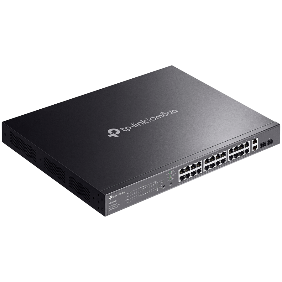 TP-Link ES228GMP Omada 28-Port Gigabit Easy Managed Switch with 24-Port PoE+, 24x Gigabit PoE+ Ports, 2x Gigabit Non-PoE Ports, 2x Gigabit SFP Ports, 384W PoE Power, 1U 19-inch Rack-mountable Steel Case, Omada App.Fast PoE,Perpetual PoE,Flow Control