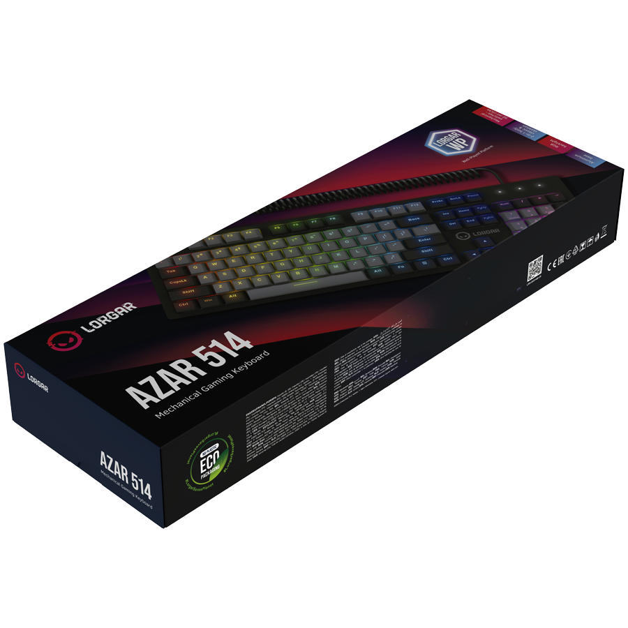 LORGAR Azar 514, Wired mechanical gaming keyboard, RGB backlight, 1680000 colour variations, 18 modes, keys number: 104, 50M clicks, linear dream switches, spring cable up to 3.4m, ABS plastic+metal, magnetic cover, 450*136*39mm, 1.17kg, black, EN layout